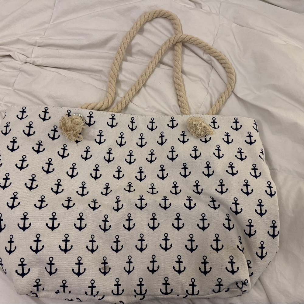 Nautical Anchor Print Canvas Tote Rope Handle Beach Bag